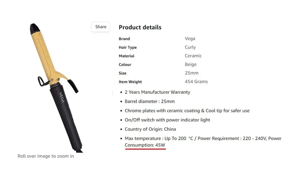 hair curling iron rated wattage