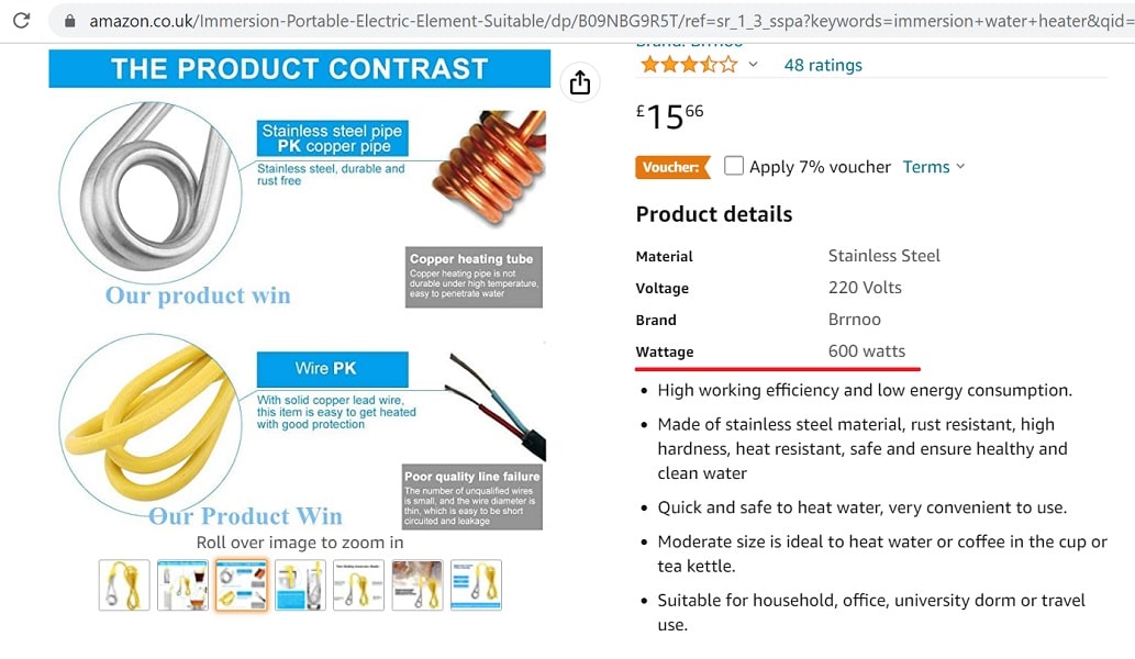 Immersion water Heater Power Consumption Calculator