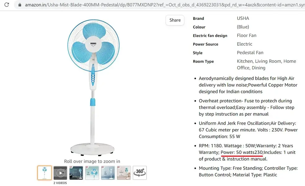 pedestal fan wattage