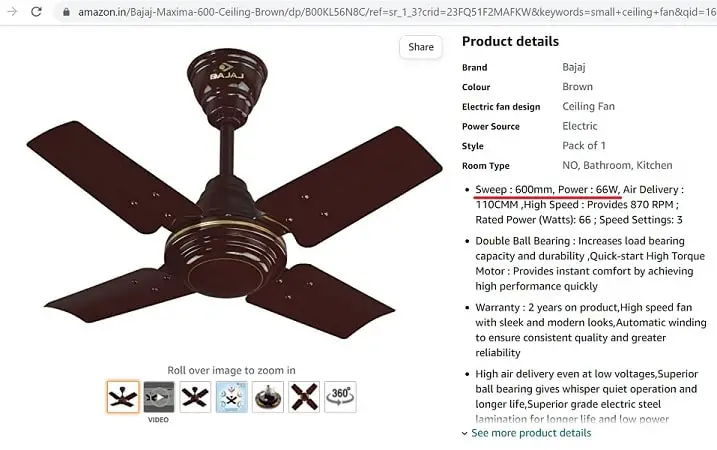 small size ceiling fan wattage